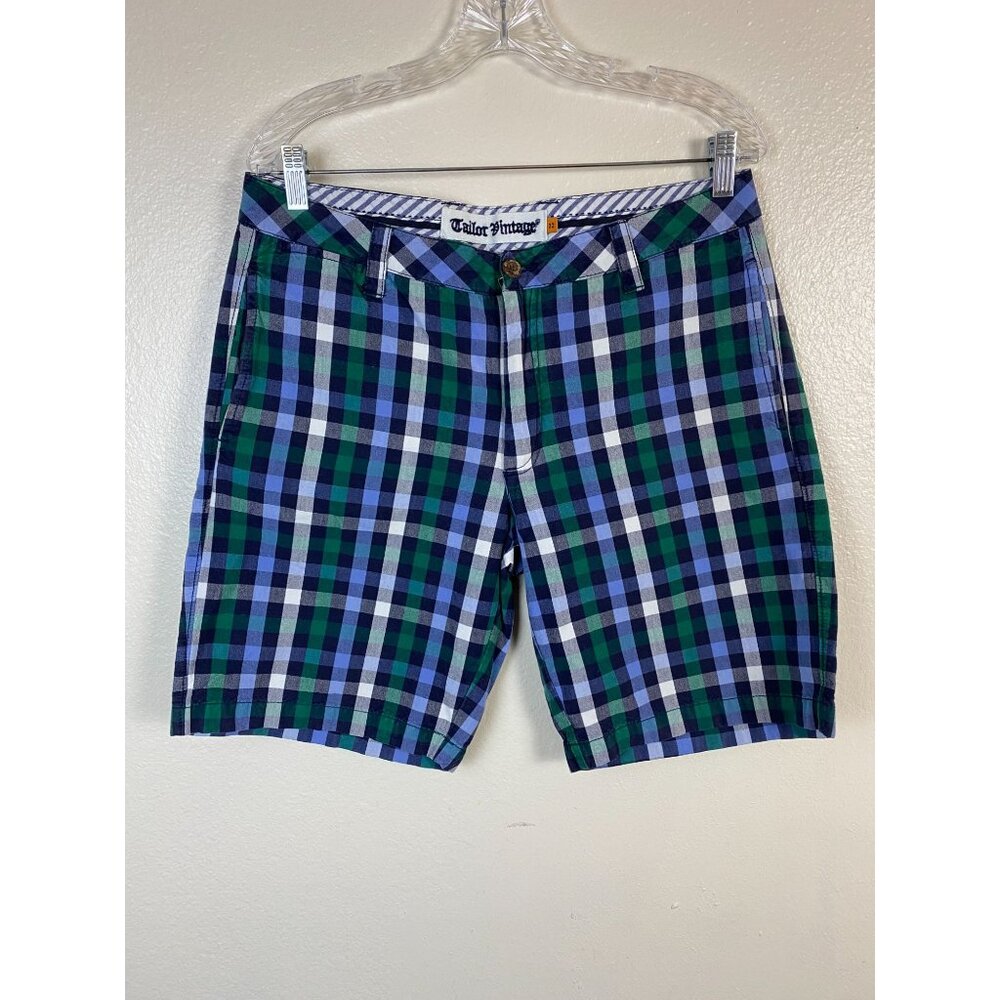 Tailor Vintage Mens Plaid Chino Shorts Size 32 Cotton Blue Green Classic
